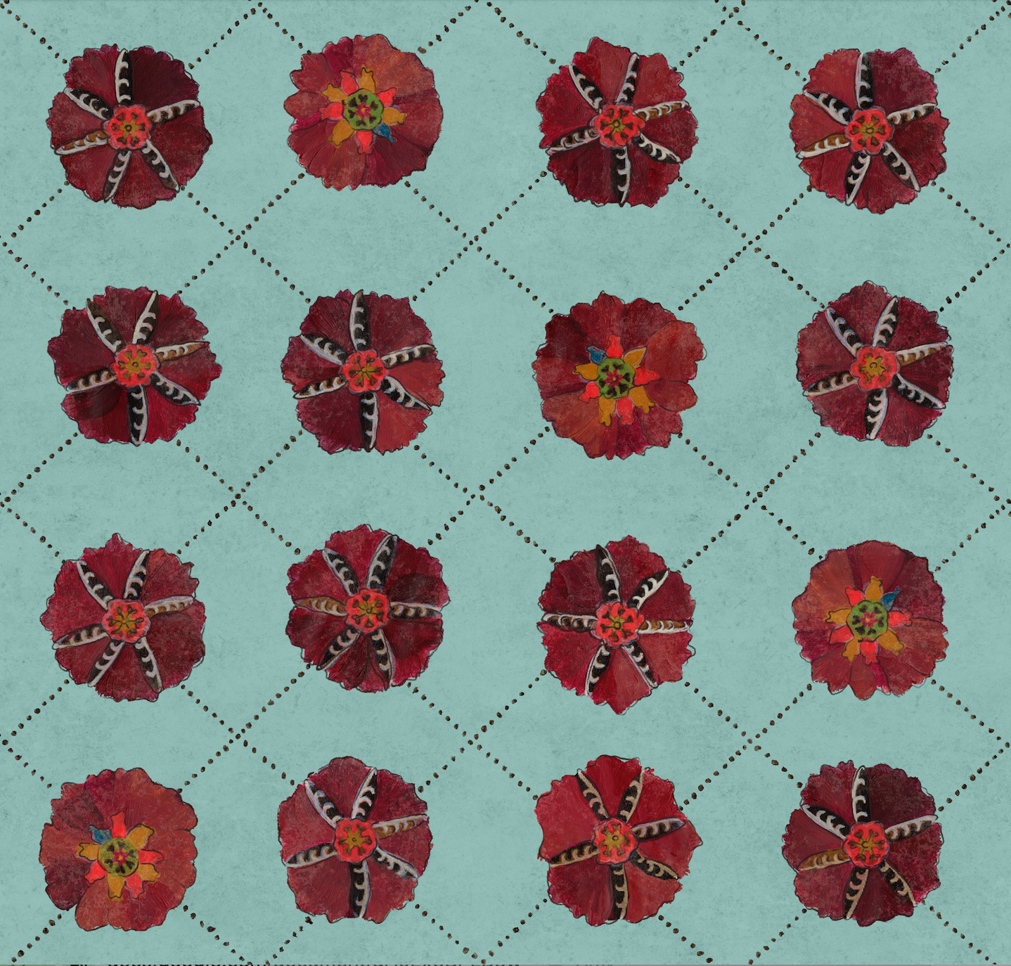 Close-up of hand-painted Suzani floral motifs wallpaper