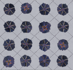 A wallpaper featuring a geometric pattern with floral-like designs in shades of blue on a light background.