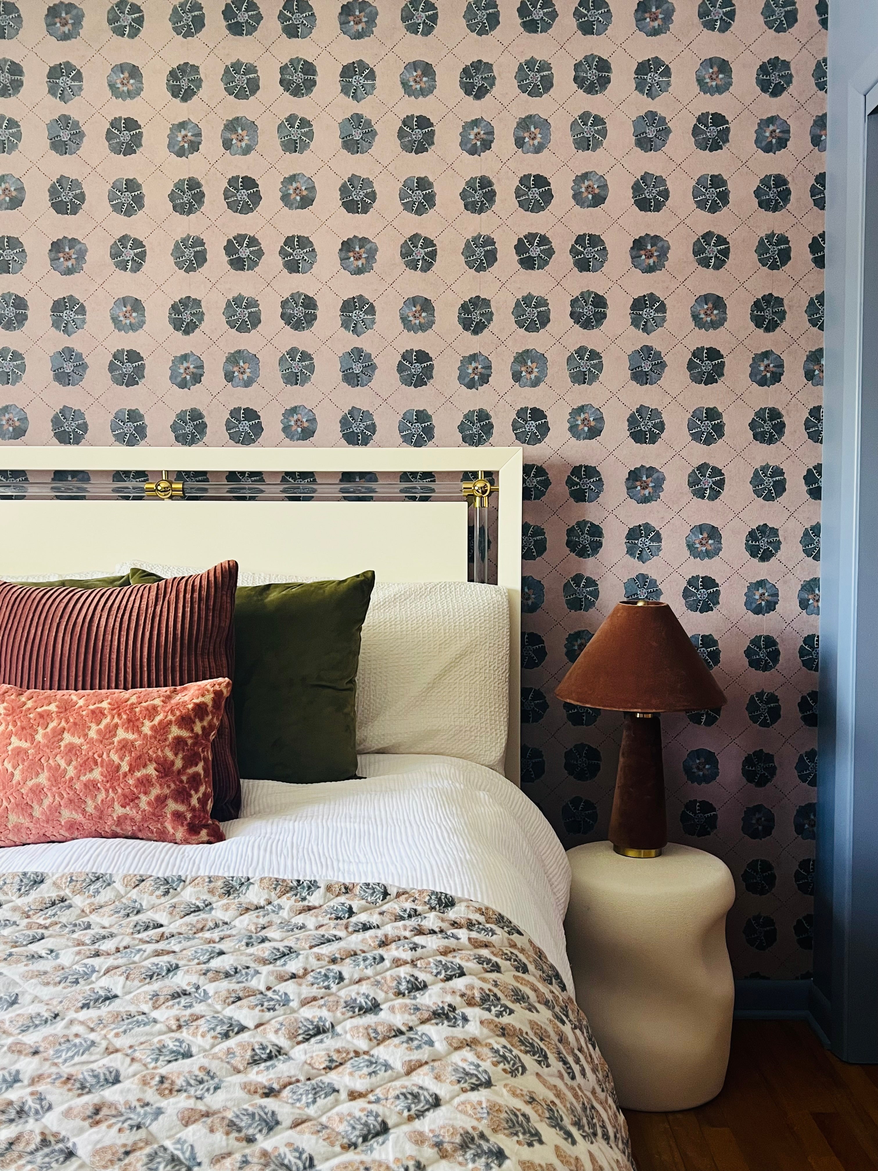 Sustainable wallpaper featuring bold Suzani hand-painted pattern