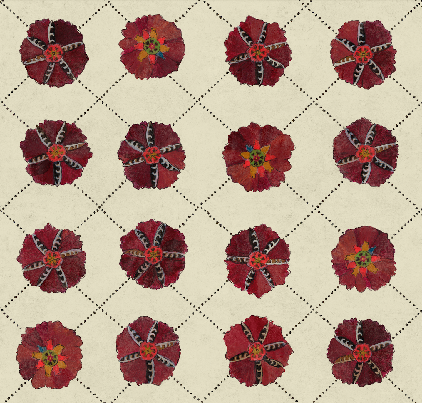 Close-up of hand-painted Suzani floral motifs wallpaper