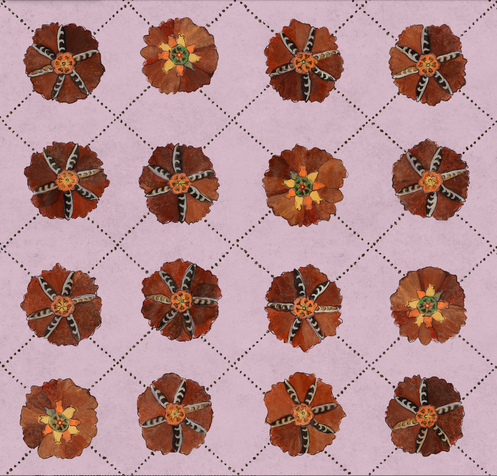 A room with the 'Suzani Wallpaper, Natale' featuring a pattern of circular brown and white motifs on a wall, with vintage furniture including a ladder and a chair in the foreground.