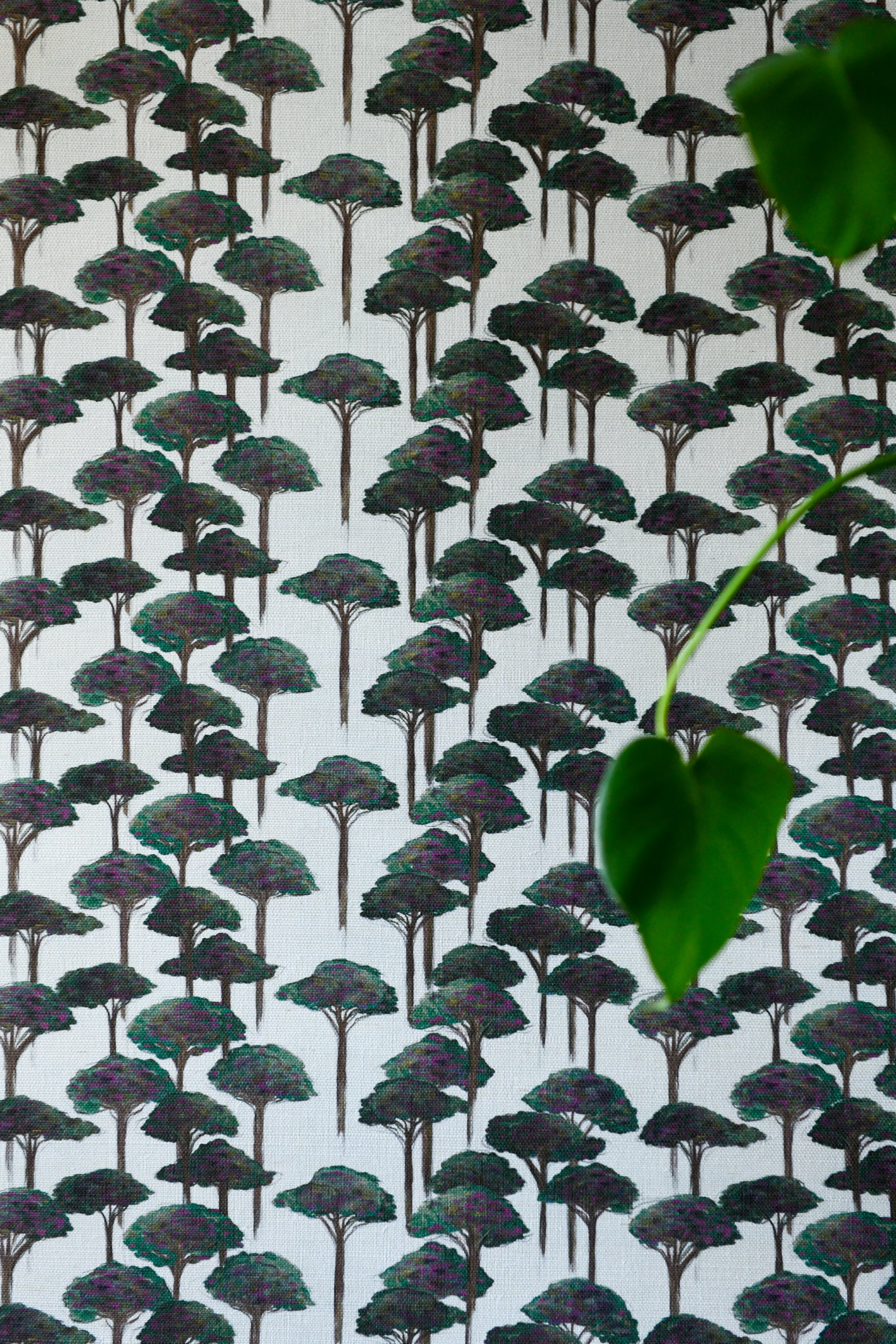 Sustainable wallpaper featuring Roman pine tree motif