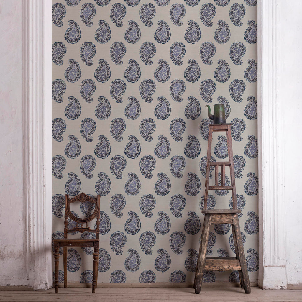 Large-format paisley wallpaper with hand-painted botanical art