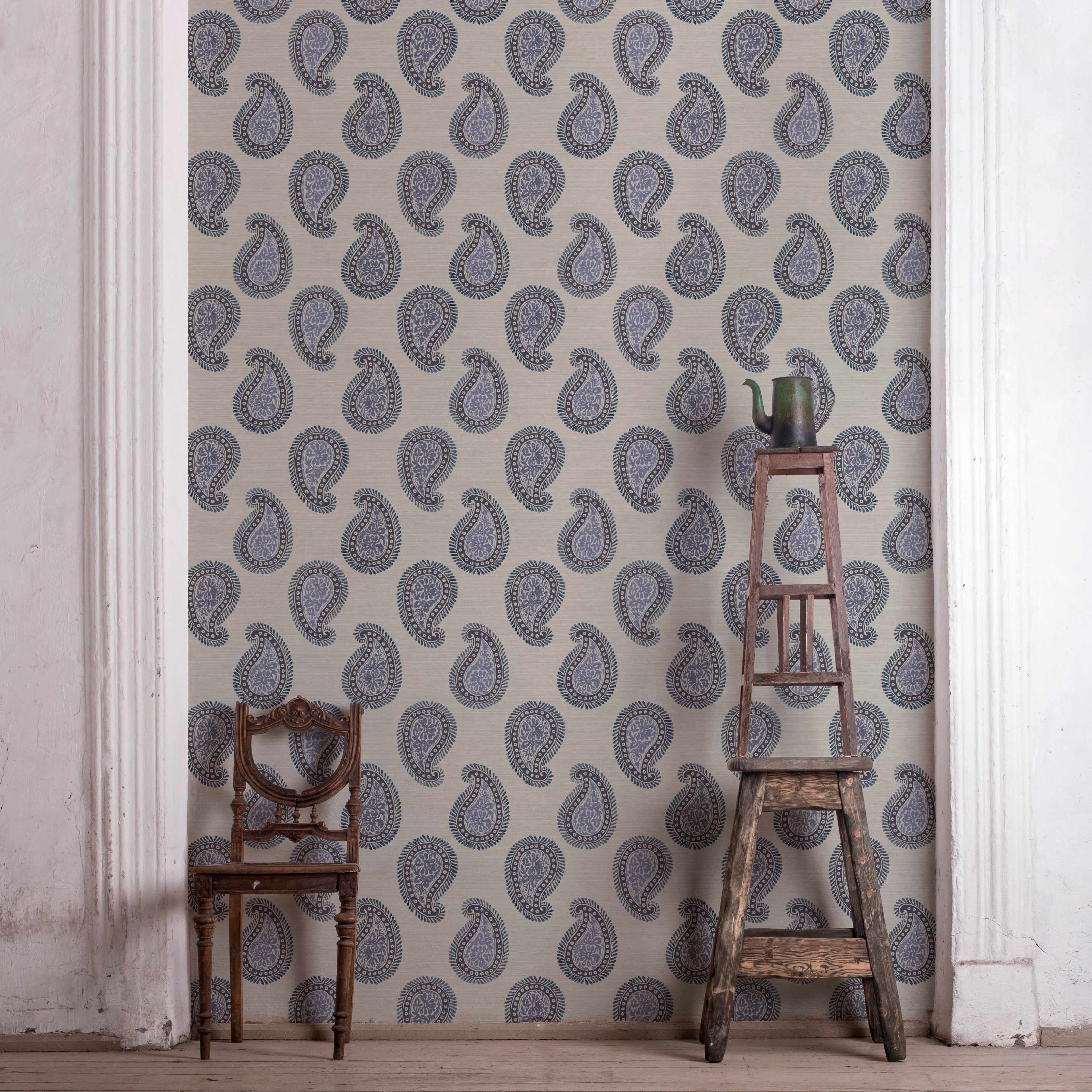 Large-format paisley wallpaper with hand-painted botanical art