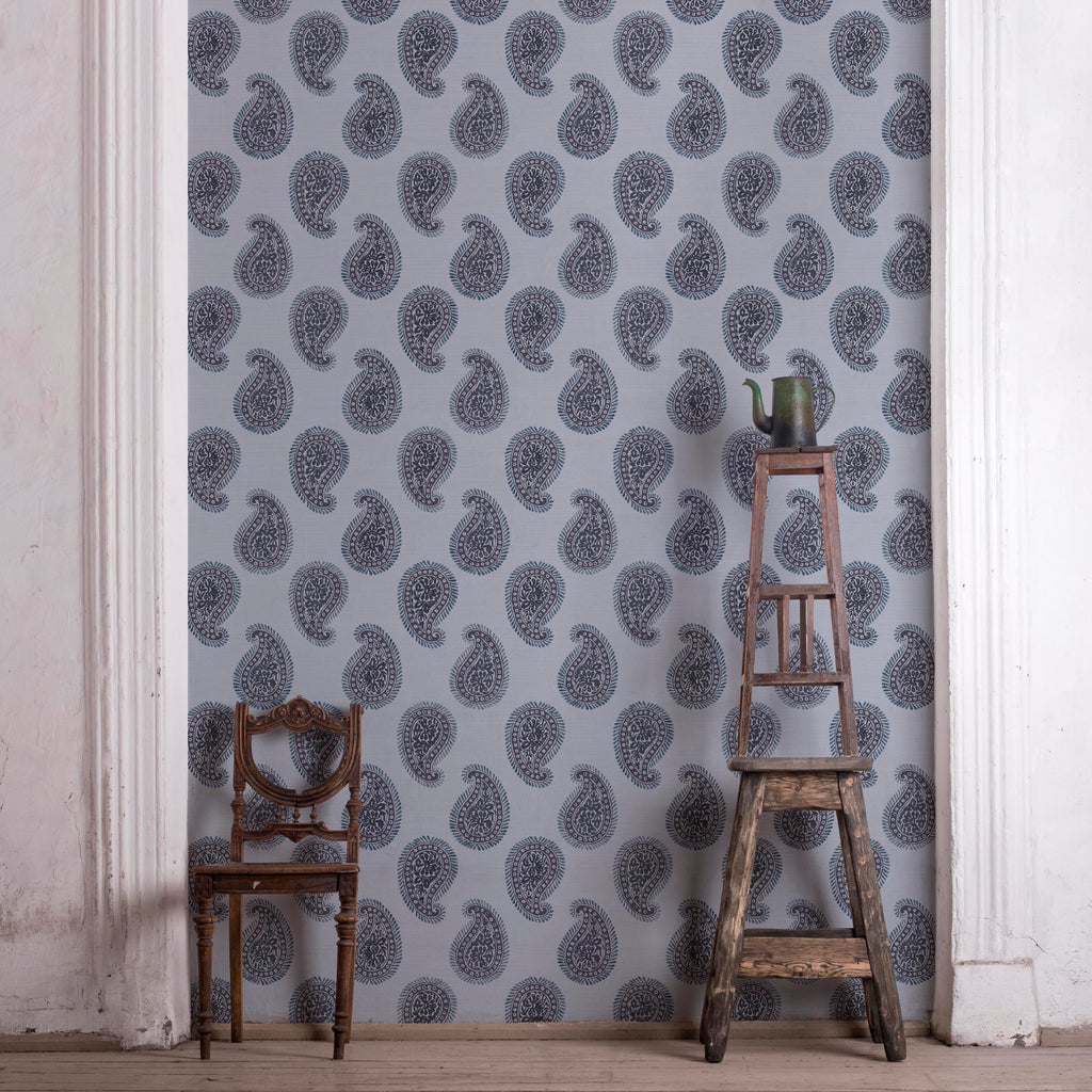 Large-format paisley wallpaper with hand-painted botanical art