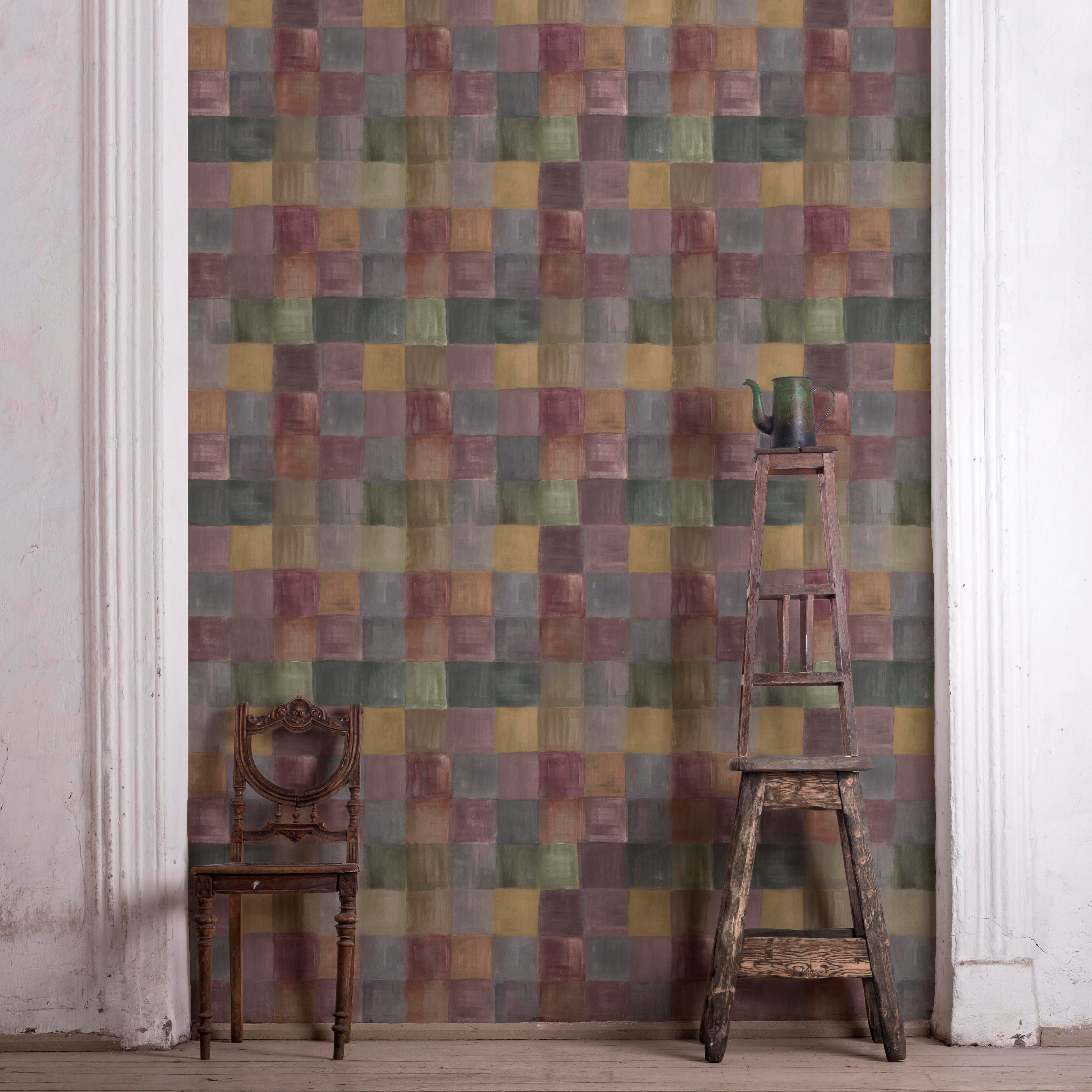 Eco-friendly non-woven fibre wallpaper with tonal check pattern