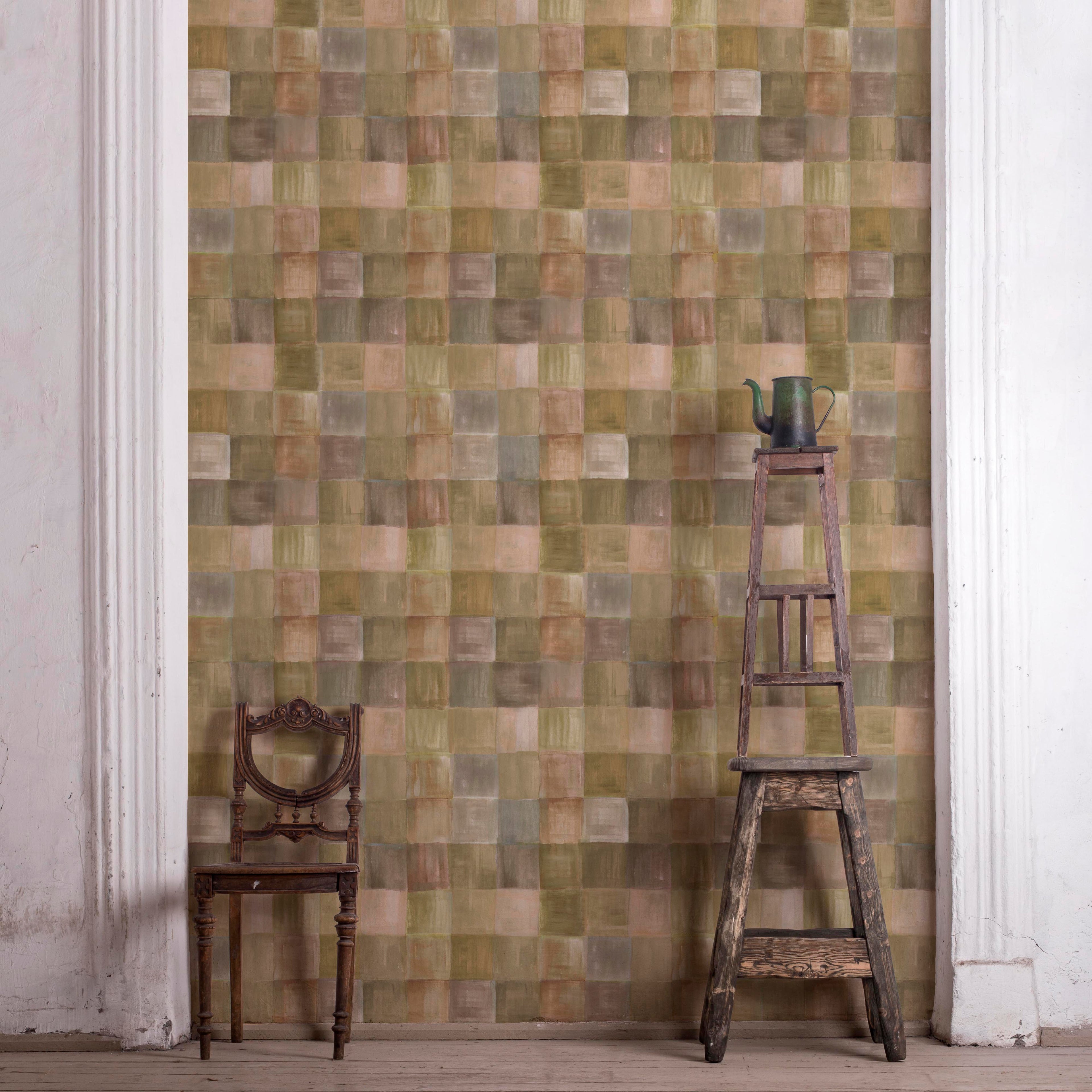 Eco-friendly non-woven fibre wallpaper with tonal check pattern