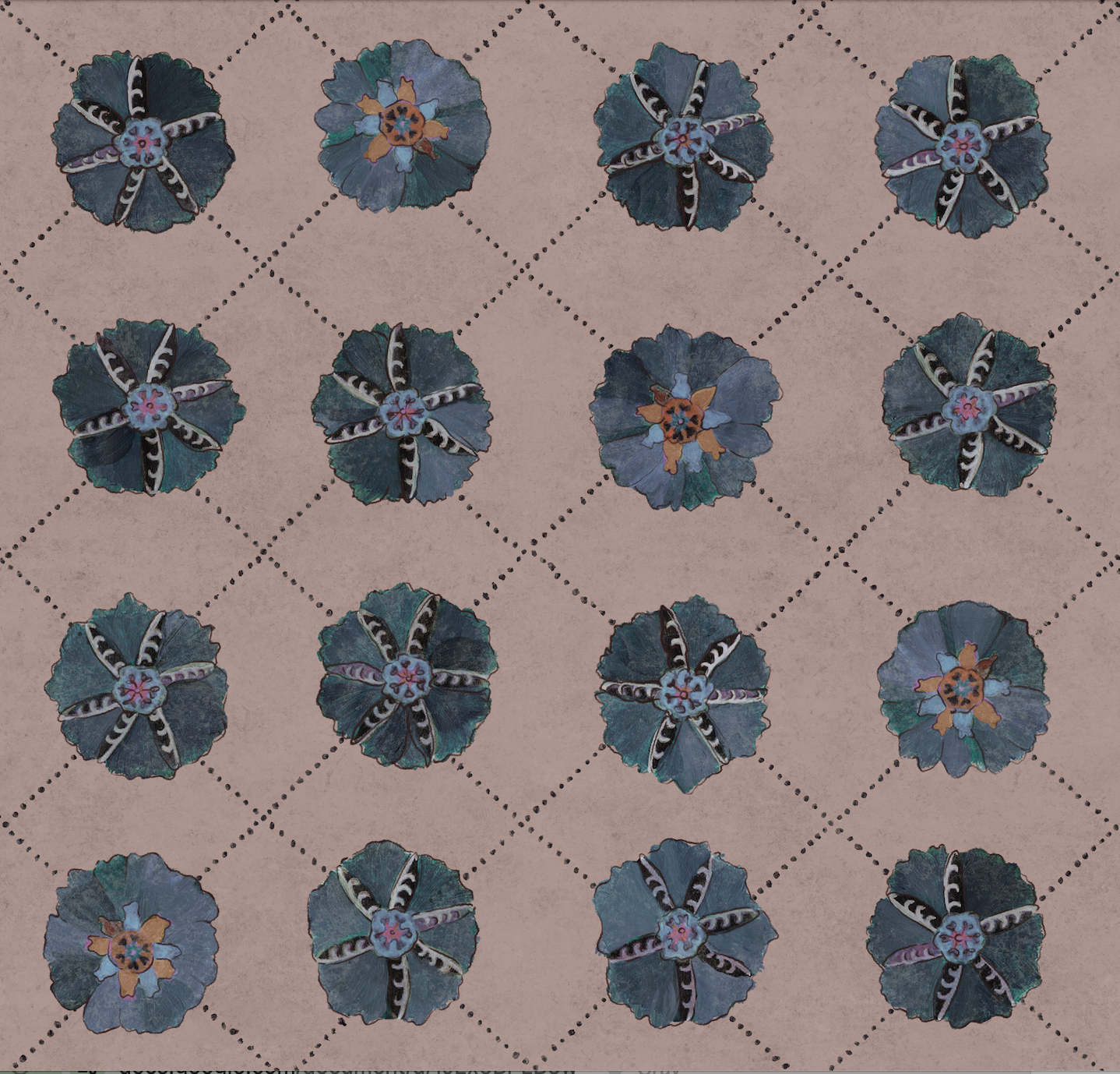 Close-up of hand-painted Suzani floral motifs wallpaper