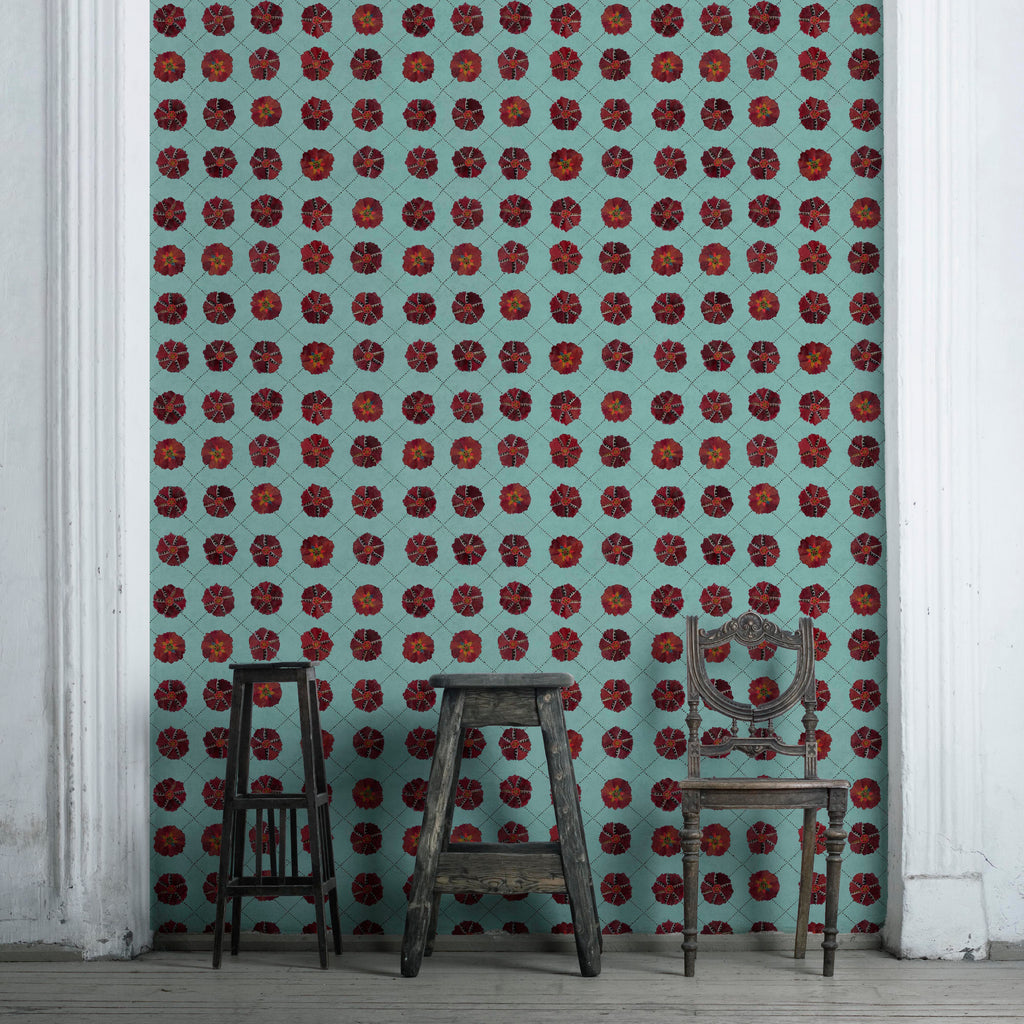 Sustainable wallpaper featuring bold Suzani hand-painted pattern