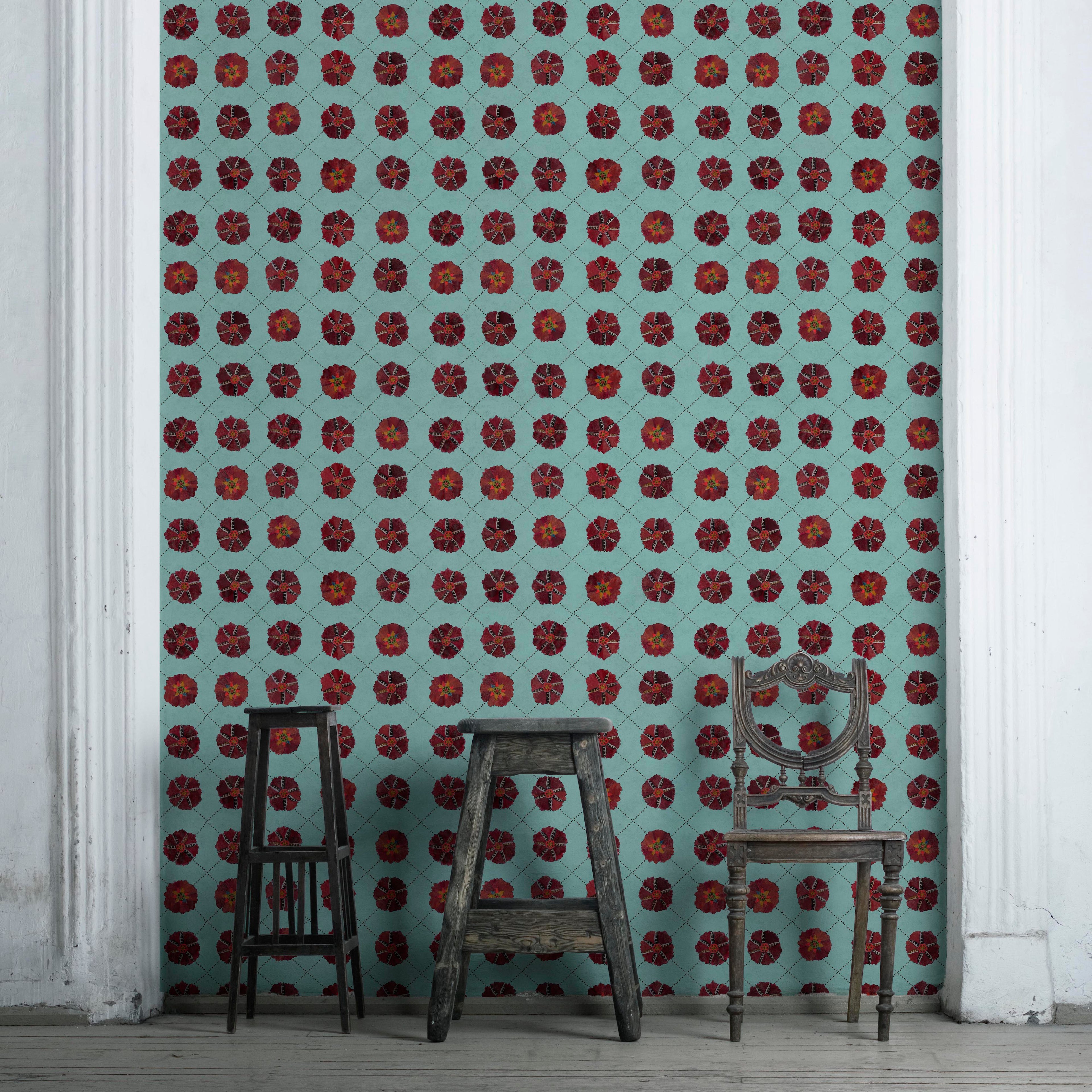 Sustainable wallpaper featuring bold Suzani hand-painted pattern