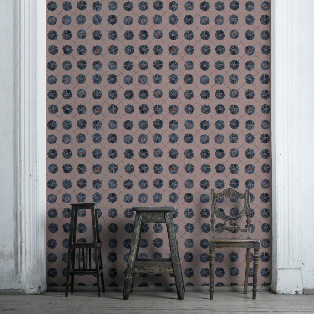 Sustainable wallpaper featuring bold Suzani hand-painted pattern