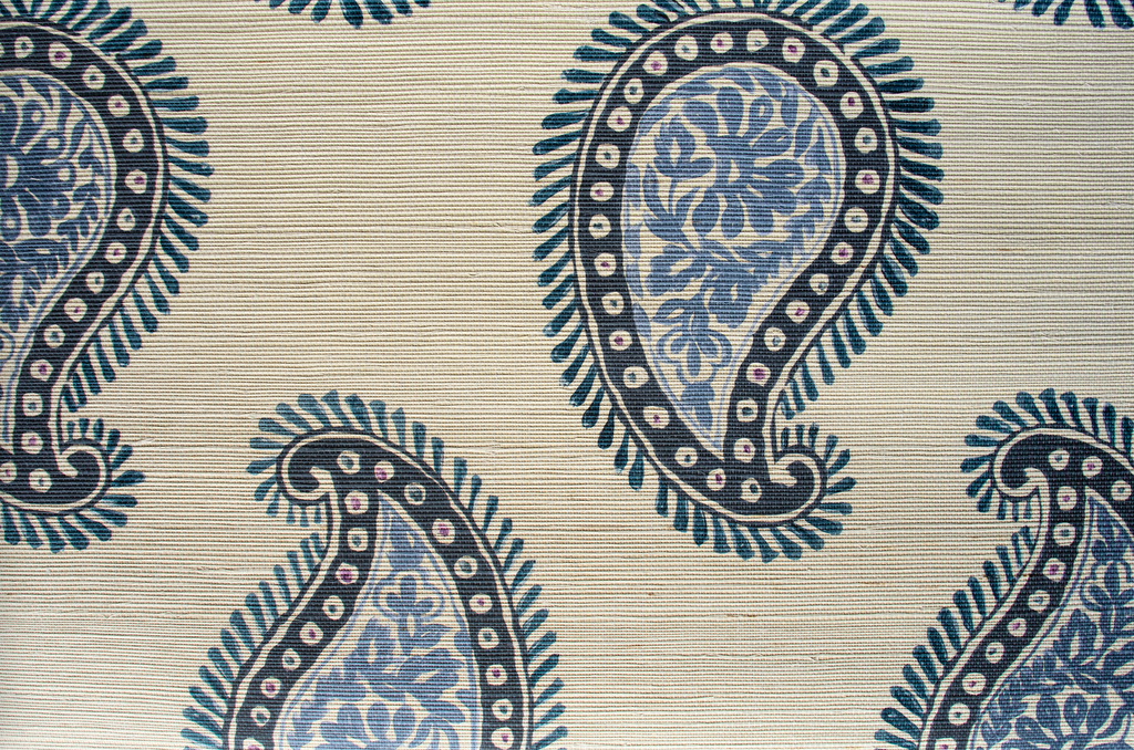 Large-format paisley wallpaper with hand-painted botanical art