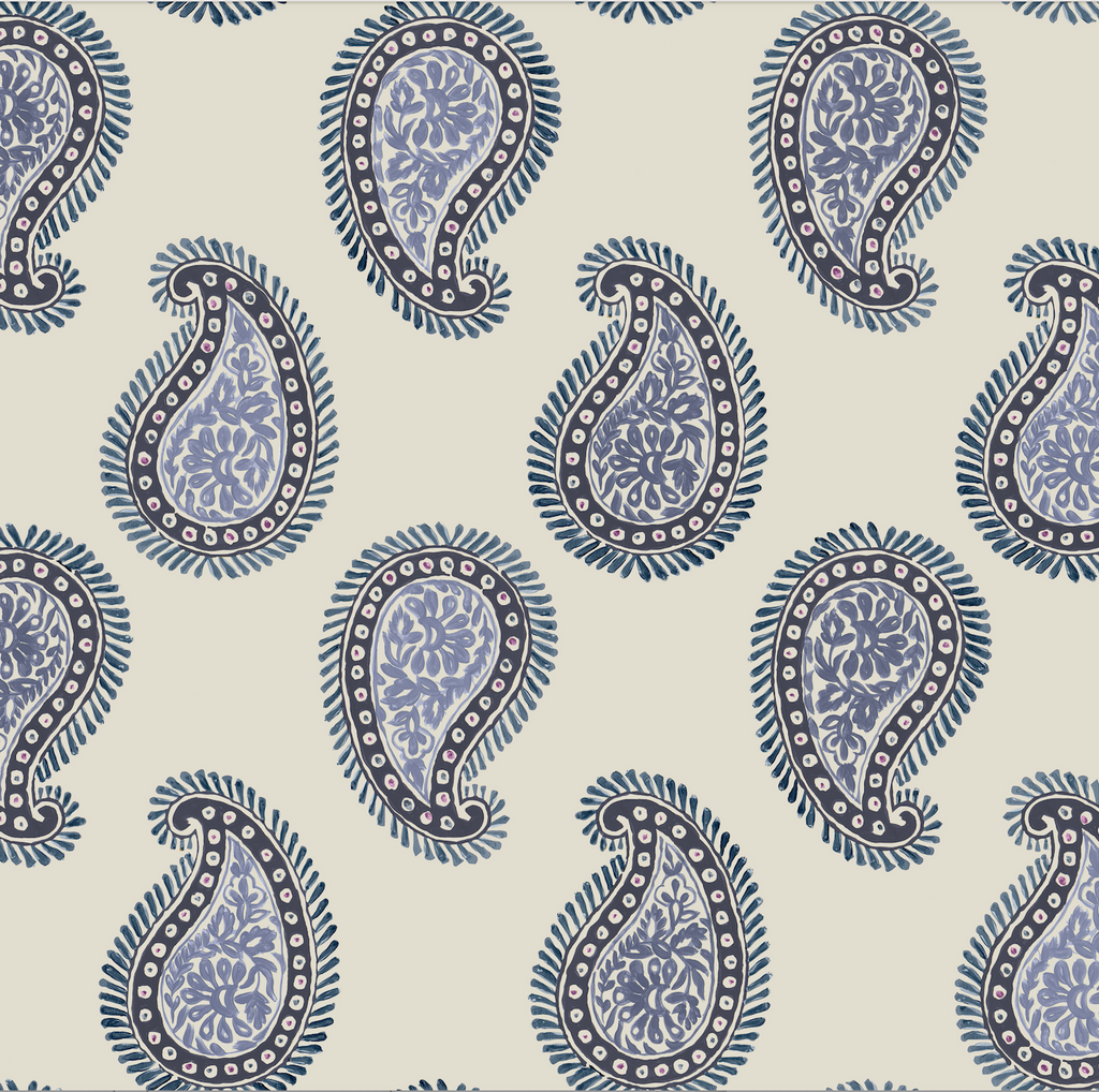 Large-format paisley wallpaper with hand-painted botanical art