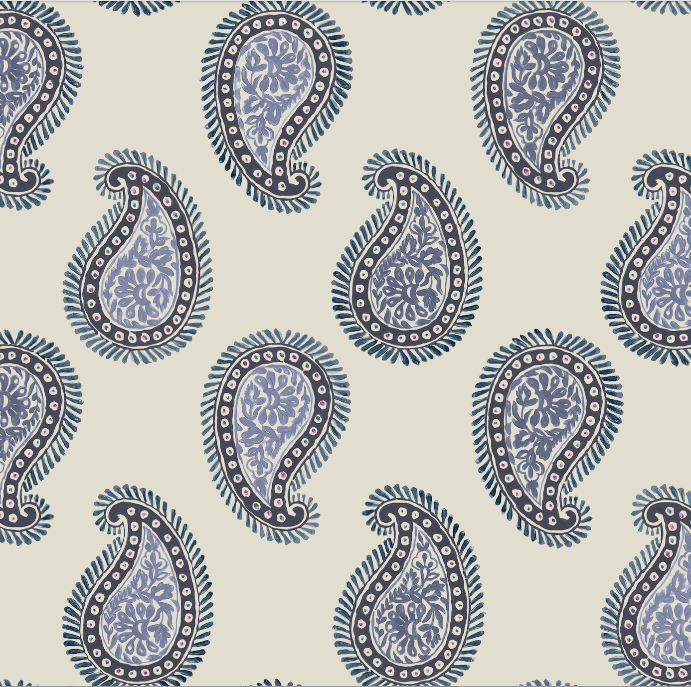 Large-format paisley wallpaper with hand-painted botanical art