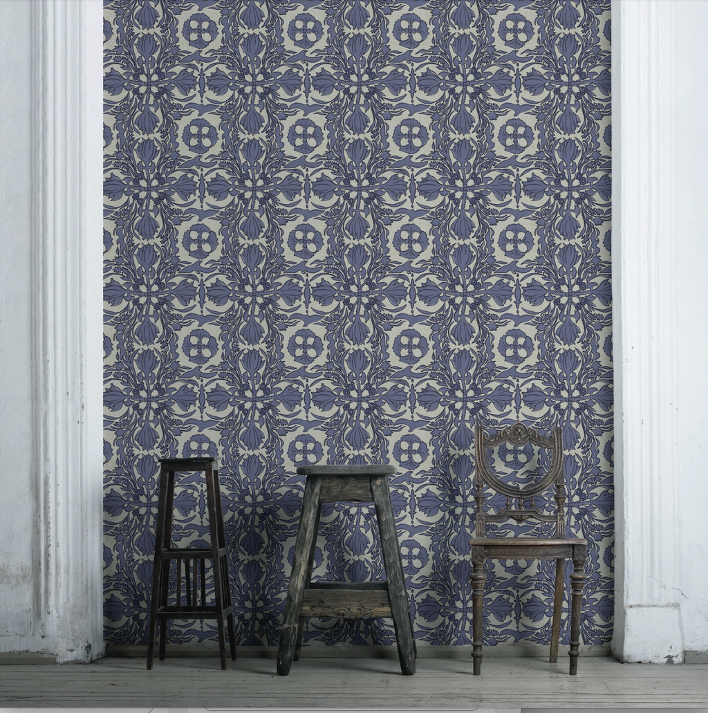Luxury organic wallpaper inspired by vintage silk scarf design