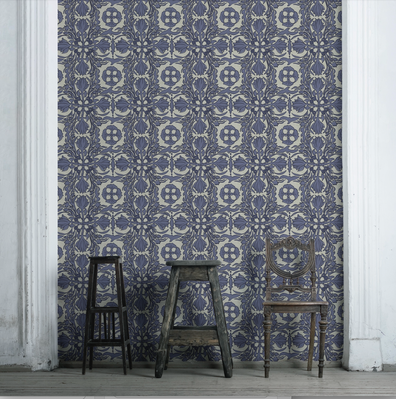 Luxury organic wallpaper inspired by vintage silk scarf design