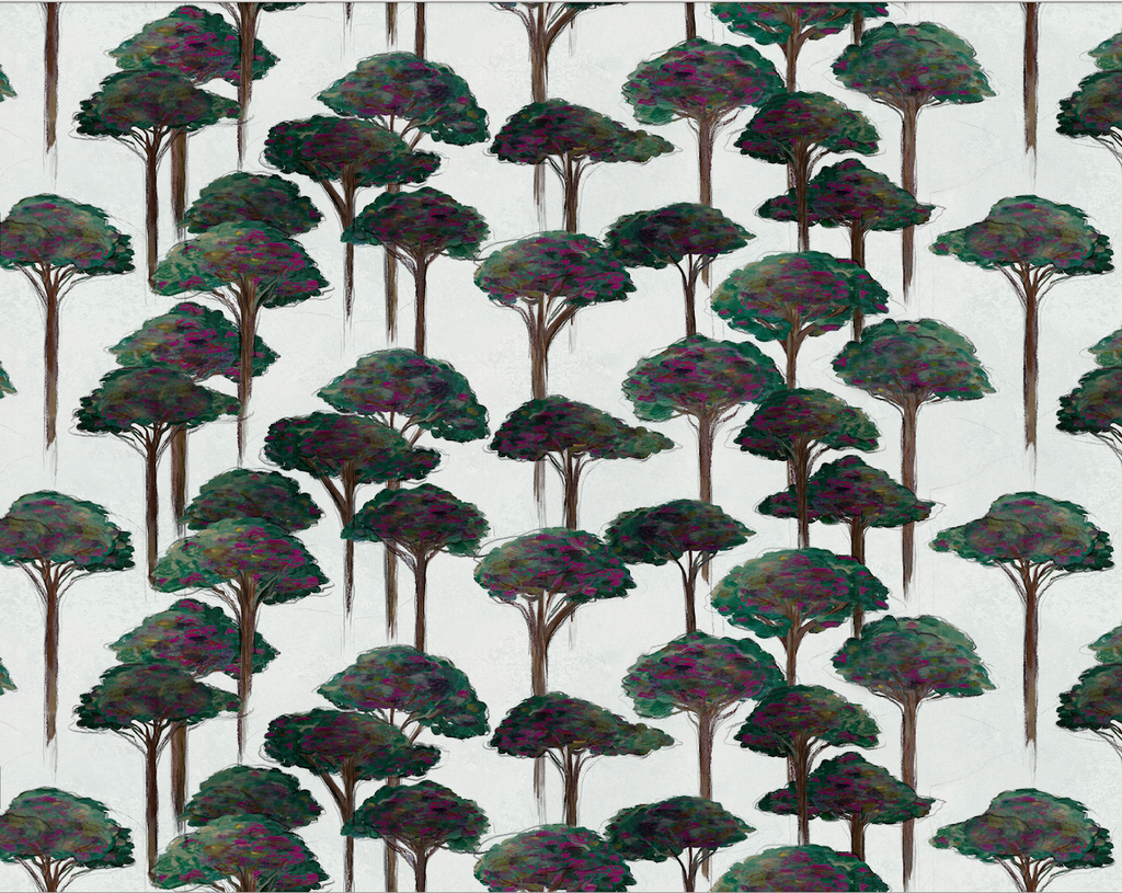 Sustainable wallpaper featuring Roman pine tree motif