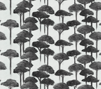 A wallpaper pattern featuring a repeated sequence of pine trees in shades of green and black.