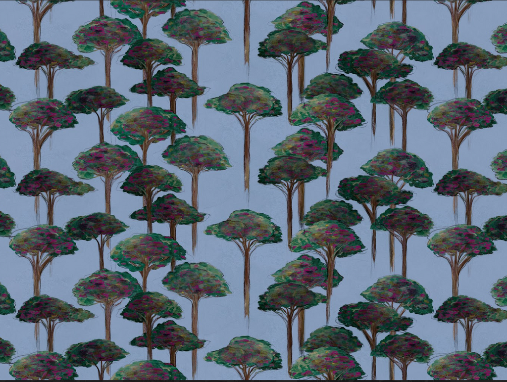 A wallpaper featuring a repeated pattern of pine trees with green leaves on a blue background.