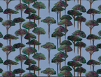 A wallpaper featuring a repeated pattern of pine trees with green leaves on a blue background.