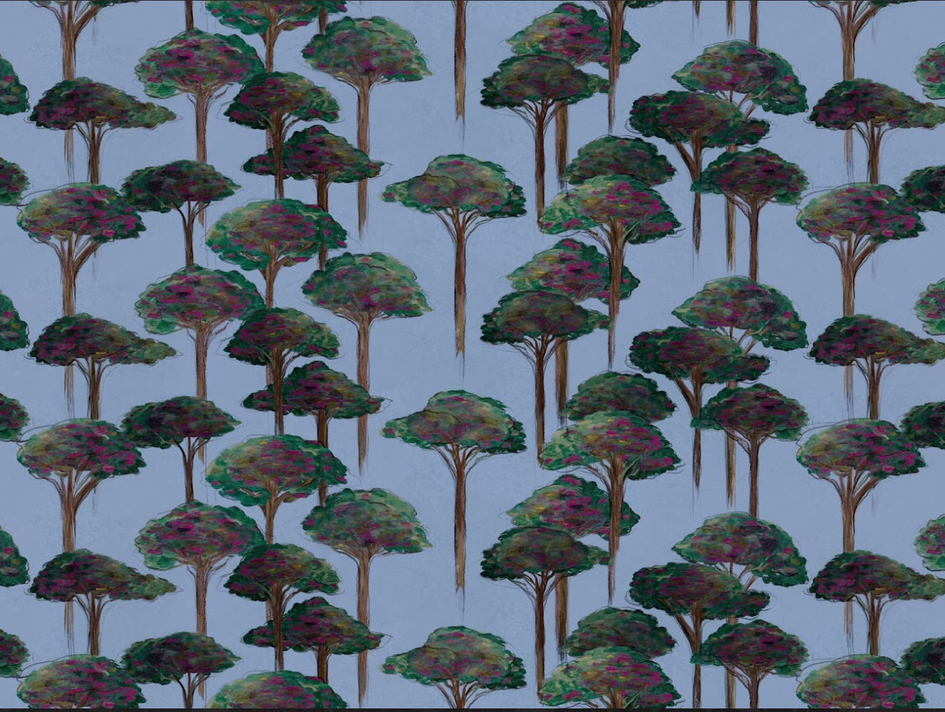 A wallpaper featuring a repeated pattern of pine trees with green leaves on a blue background.