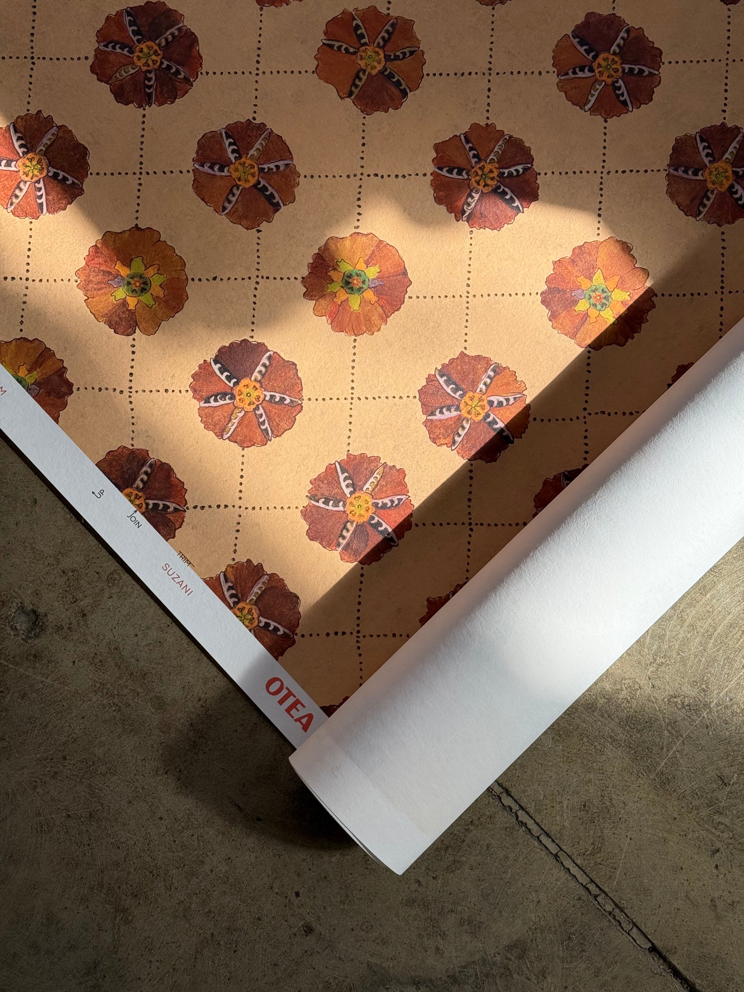 Sustainable wallpaper featuring bold Suzani hand-painted pattern