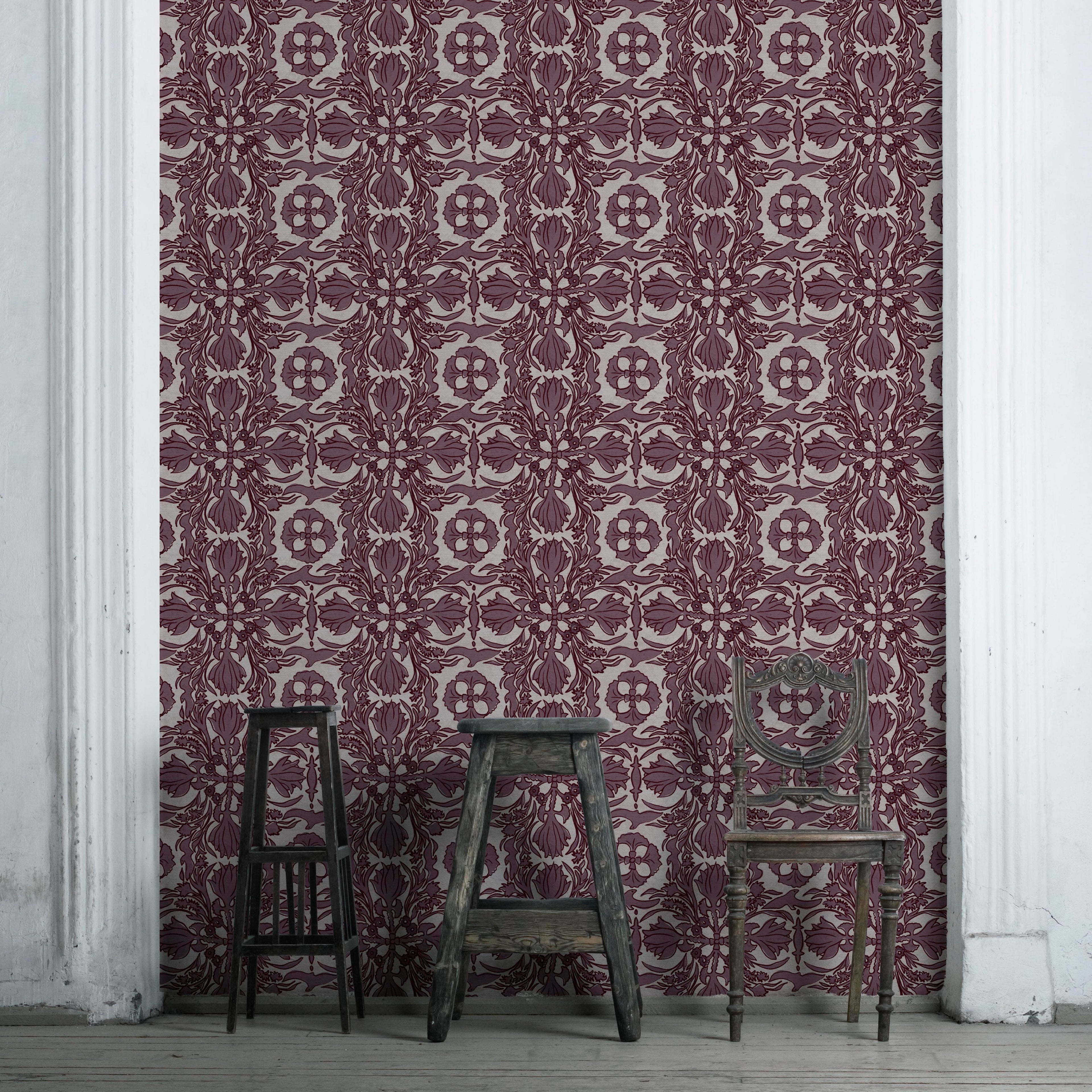 Luxury organic wallpaper inspired by vintage silk scarf design