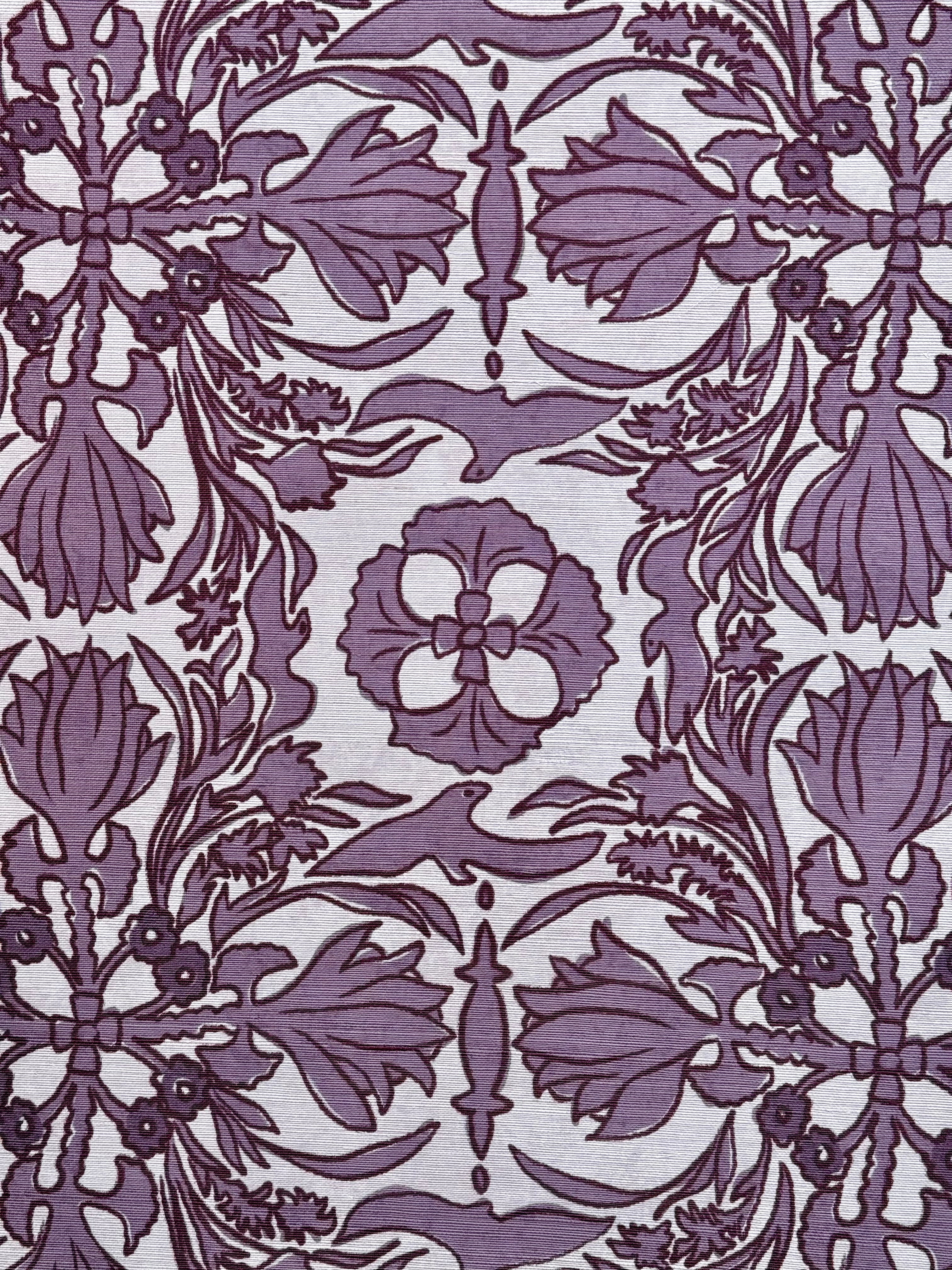 A close-up view of a wallpaper with a floral and geometric pattern in a purple hue on a light background.