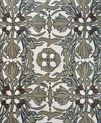 Organic, modern damask wallpaper with botanical and bird motifs on agave grasscloth.