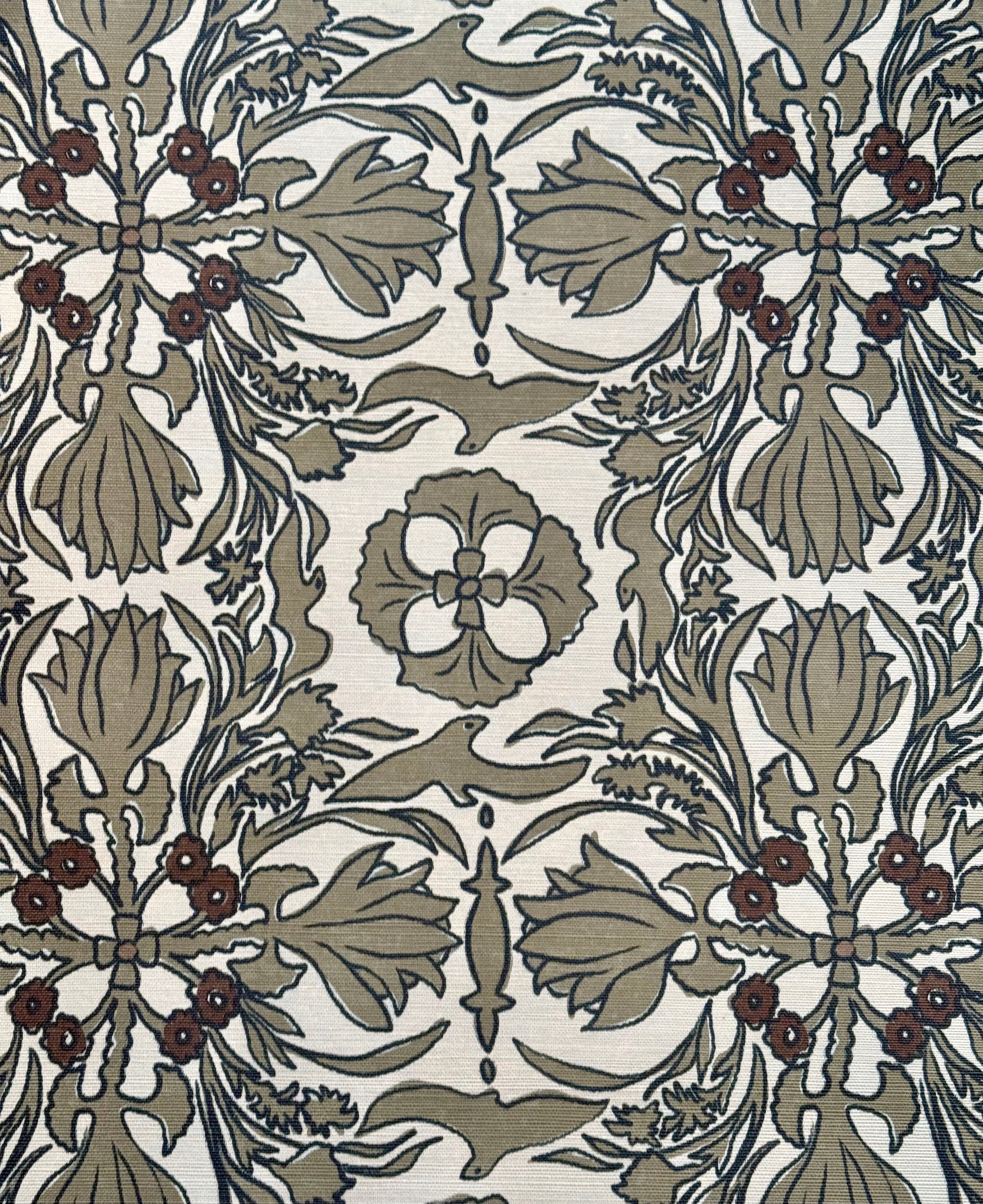 Organic, modern damask wallpaper with botanical and bird motifs on agave grasscloth.