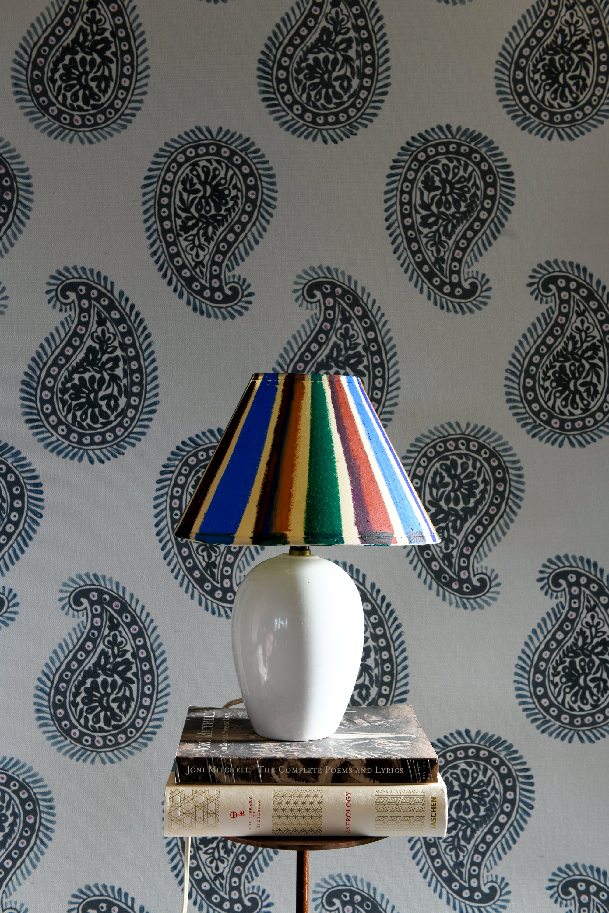 Large-format paisley wallpaper with hand-painted botanical art